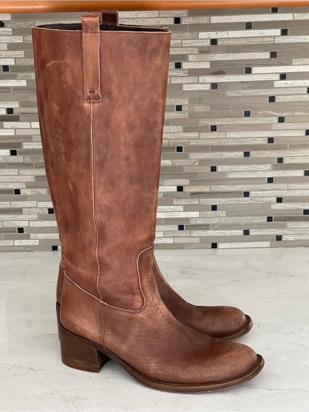 PAOLI Italy Classic Tall Brown Distressed Leather Boots Block Heel 9-9.5/40 IT
